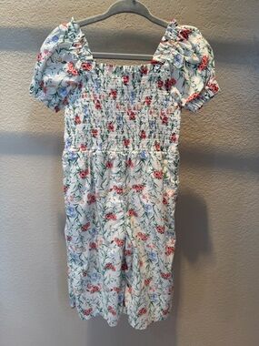 Janie and Jack White Floral Smocked One-Piece Bodysuit with Red and Blue Flowers